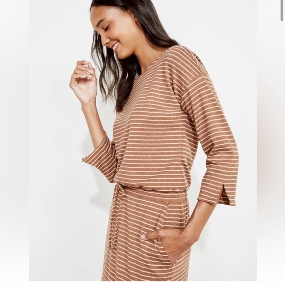 Haven Well Within (Talbots) Knit Tan/Cream Striped Tie Waist Lounge Dress XL